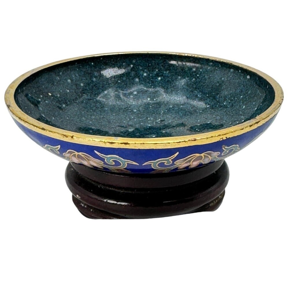 Vintage Cloisonne Trinket Dish with Stand Enamel Blue Cloisonné